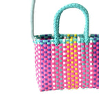 Woven Bag Colorful Plastic Strip Handle Small Cute Fashionable Square Bag for Summer Beach Green And Rose Red