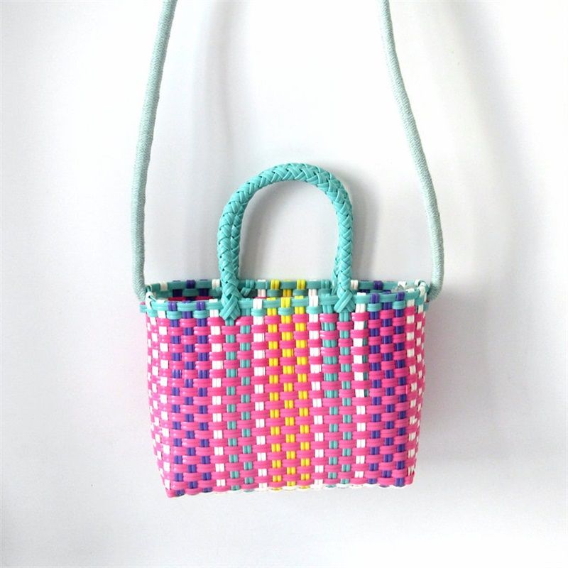 Woven Bag Colorful Plastic Strip Handle Small Cute Fashionable Square Bag for Summer Beach Green And Rose Red