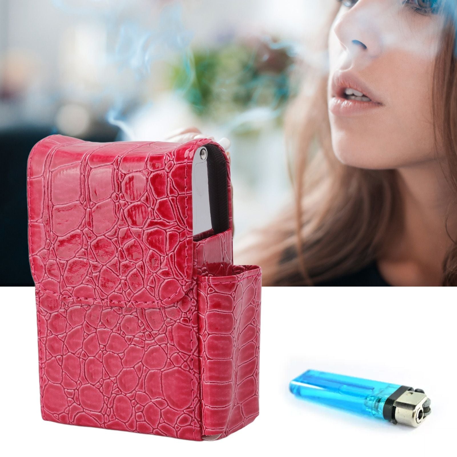 PU Leather Cigarette Box Multifunctional 20 Cigarettes Capacity Portable Card Case for Daily Home Rose Red
