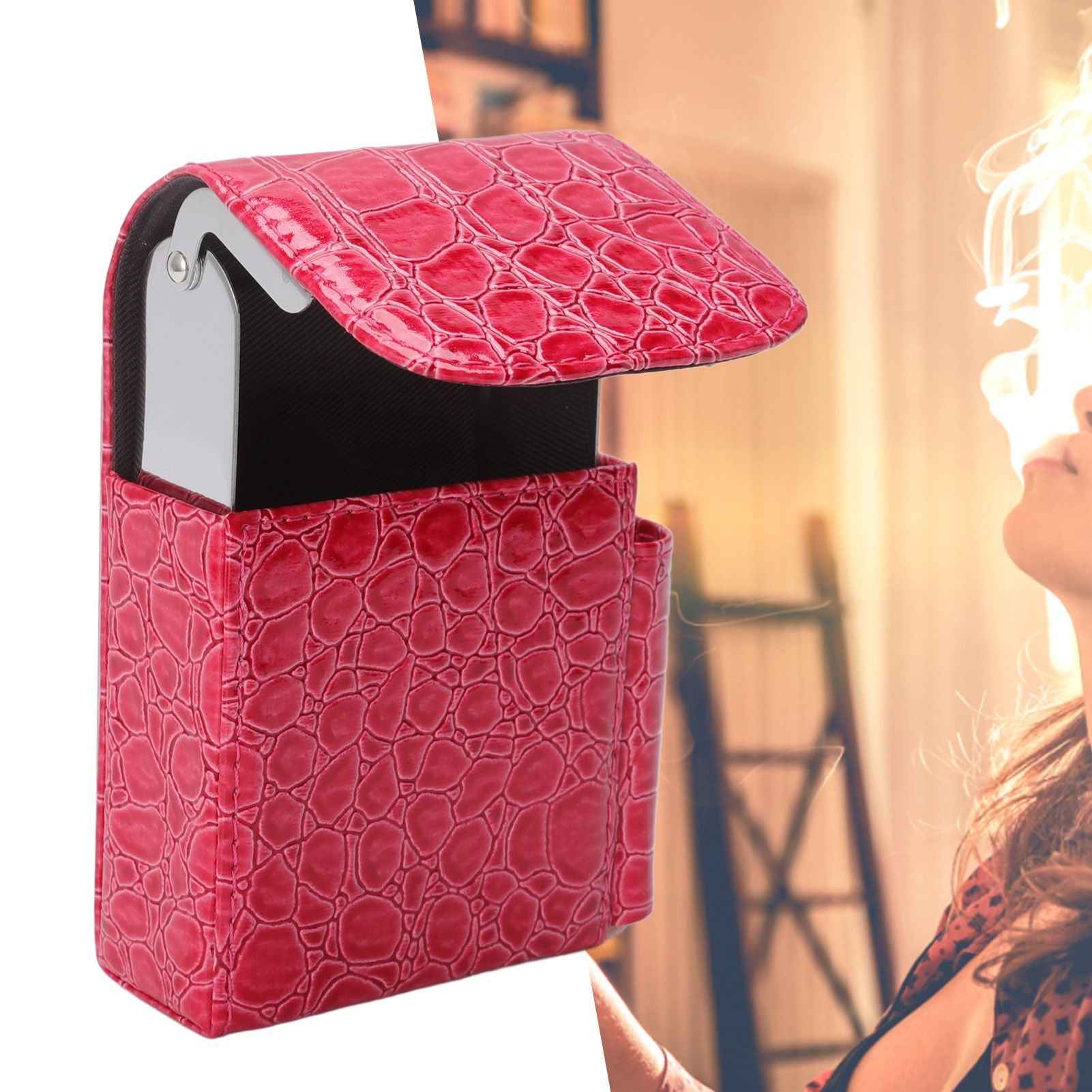 PU Leather Cigarette Box Multifunctional 20 Cigarettes Capacity Portable Card Case for Daily Home Rose Red