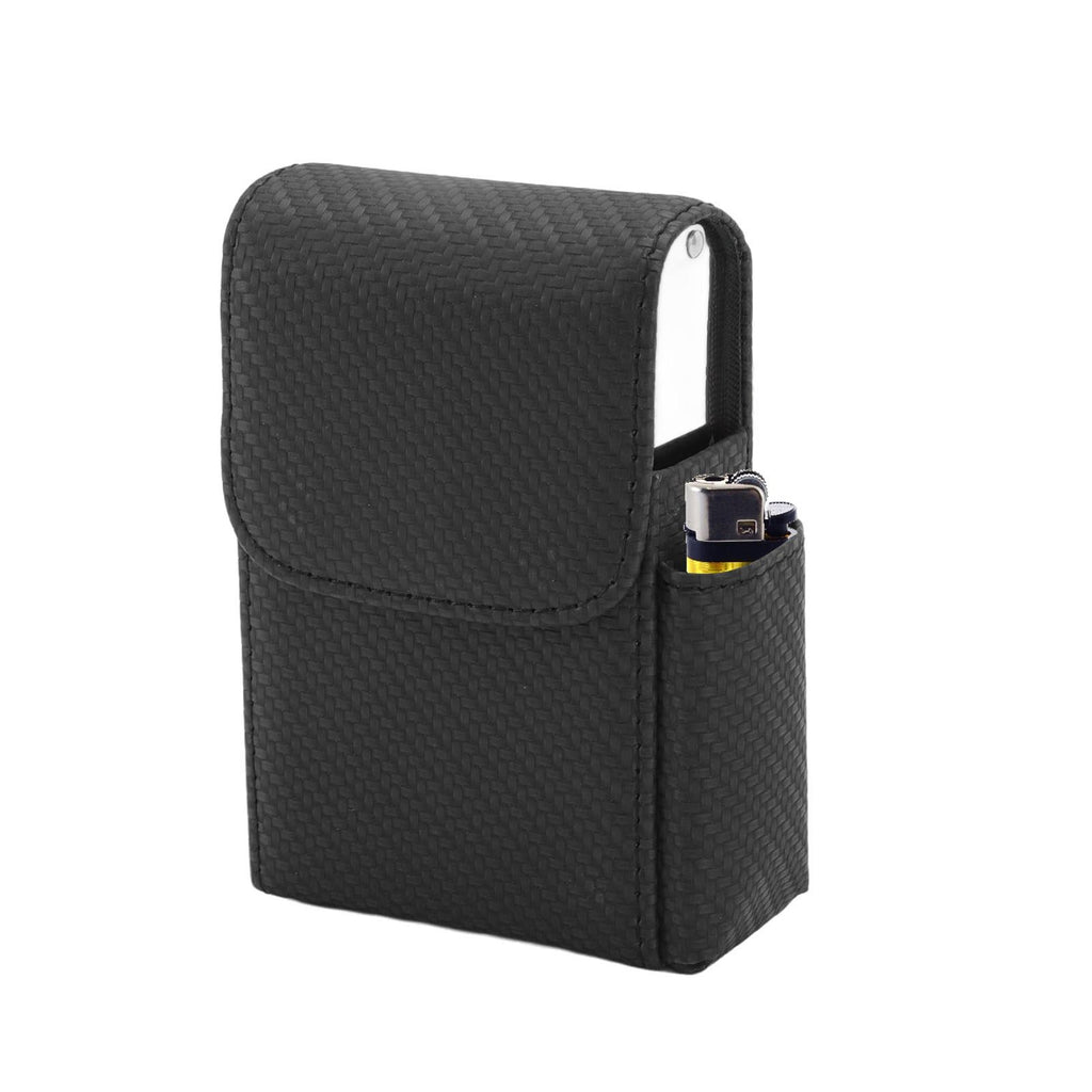 PU Leather Cigarette Box Woven Pattern Cigarette and Lighter Holder Multifunctional 20 Pieces Cigarette Case Black