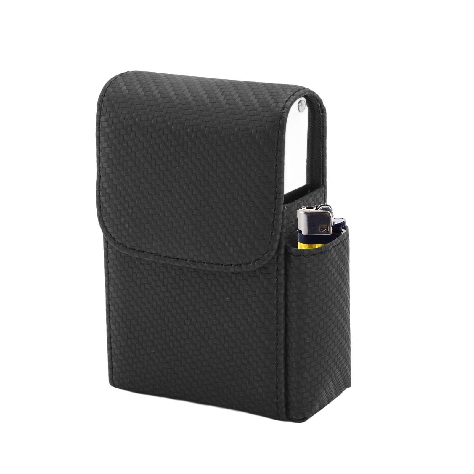 PU Leather Cigarette Box Woven Pattern Cigarette and Lighter Holder Multifunctional 20 Pieces Cigarette Case Black