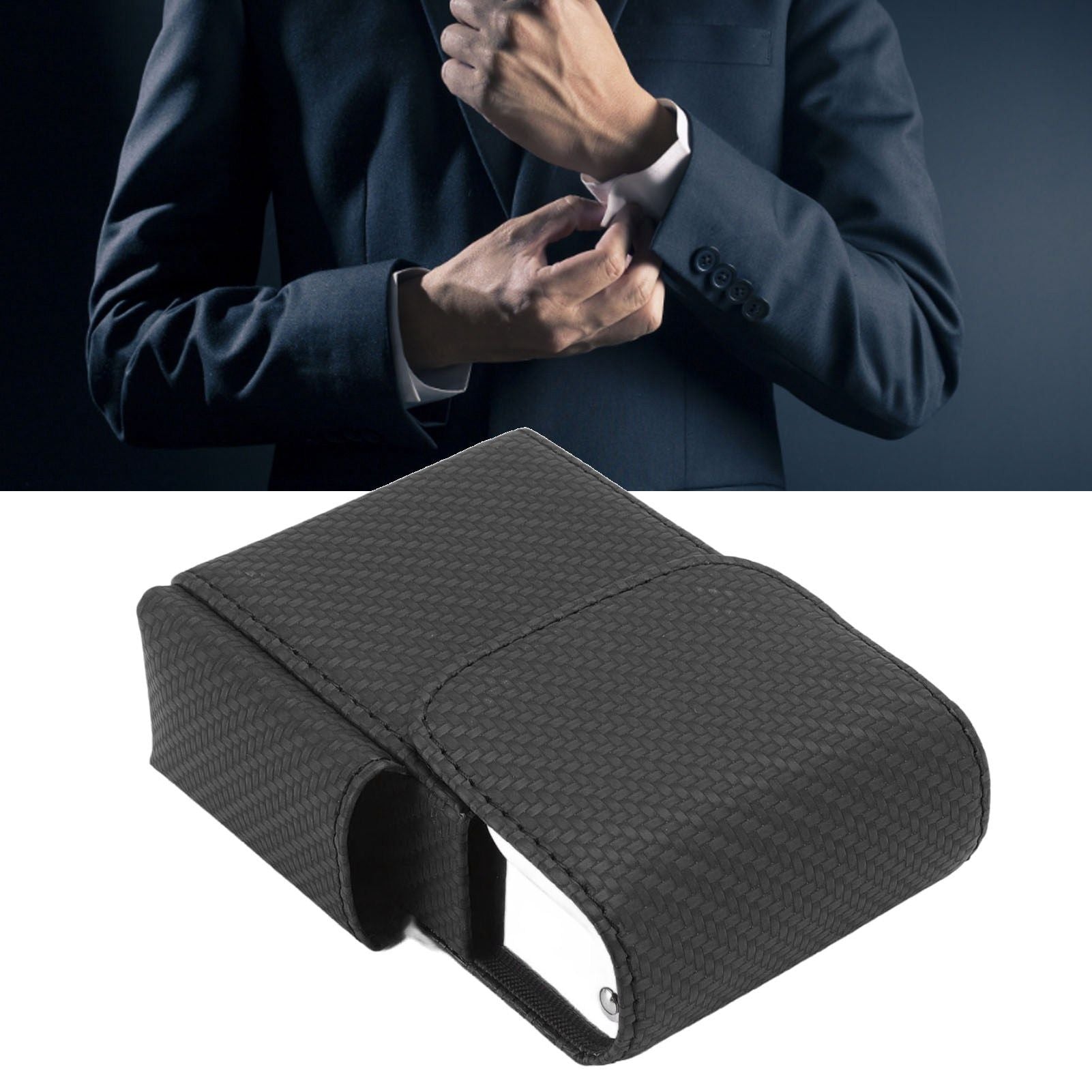 PU Leather Cigarette Box Woven Pattern Cigarette and Lighter Holder Multifunctional 20 Pieces Cigarette Case Black