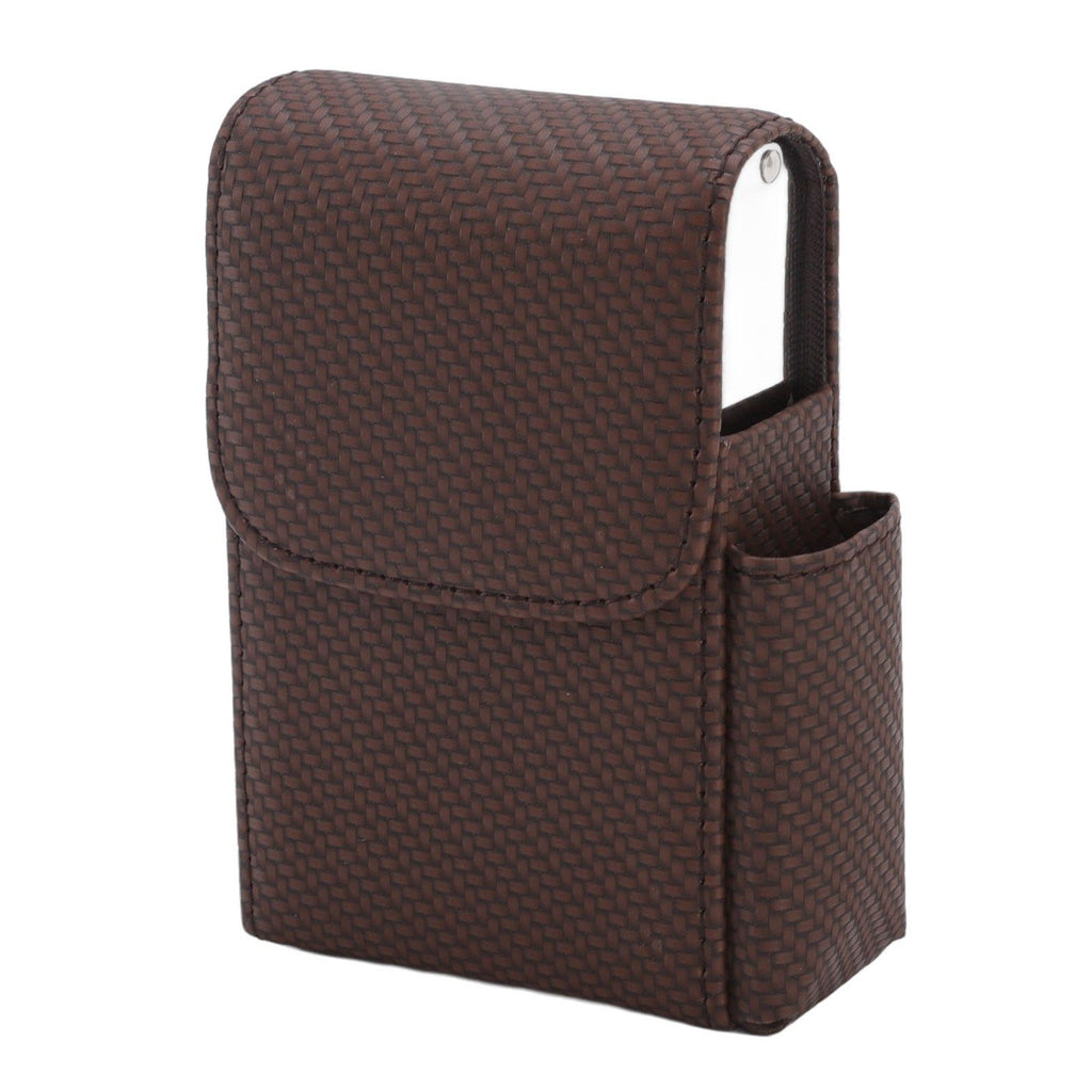 PU Leather Cigarette Box Woven Pattern Cigarette and Lighter Holder Multifunctional 20 Pieces Cigarette Case Brown