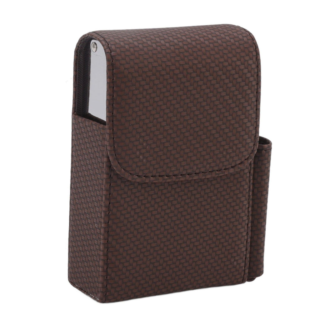 PU Leather Cigarette Box Woven Pattern Cigarette and Lighter Holder Multifunctional 20 Pieces Cigarette Case Brown