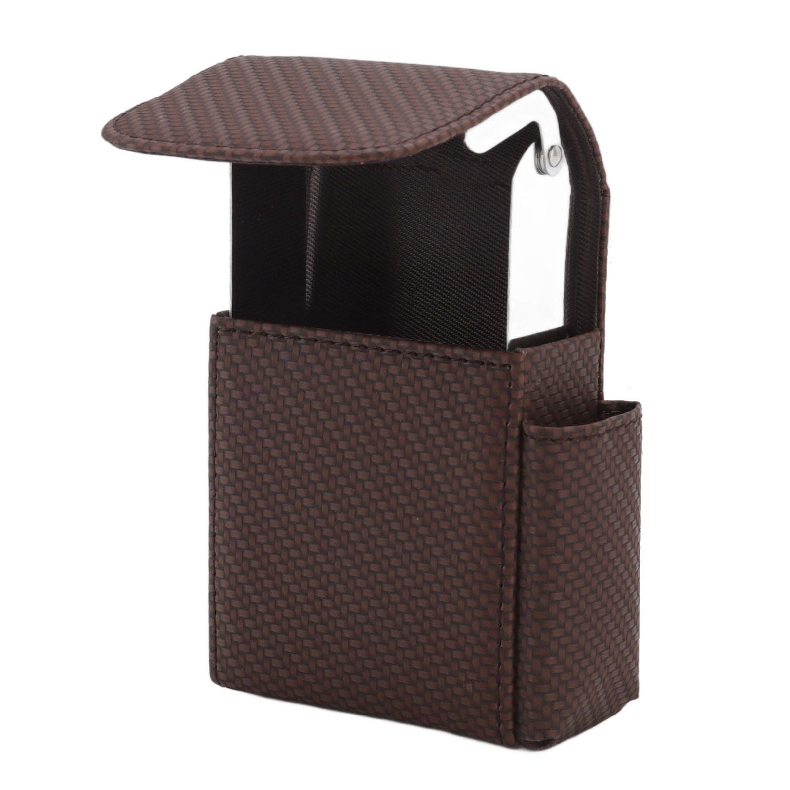 PU Leather Cigarette Box Woven Pattern Cigarette and Lighter Holder Multifunctional 20 Pieces Cigarette Case Brown