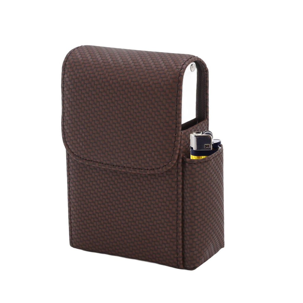 PU Leather Cigarette Box Woven Pattern Cigarette and Lighter Holder Multifunctional 20 Pieces Cigarette Case Brown