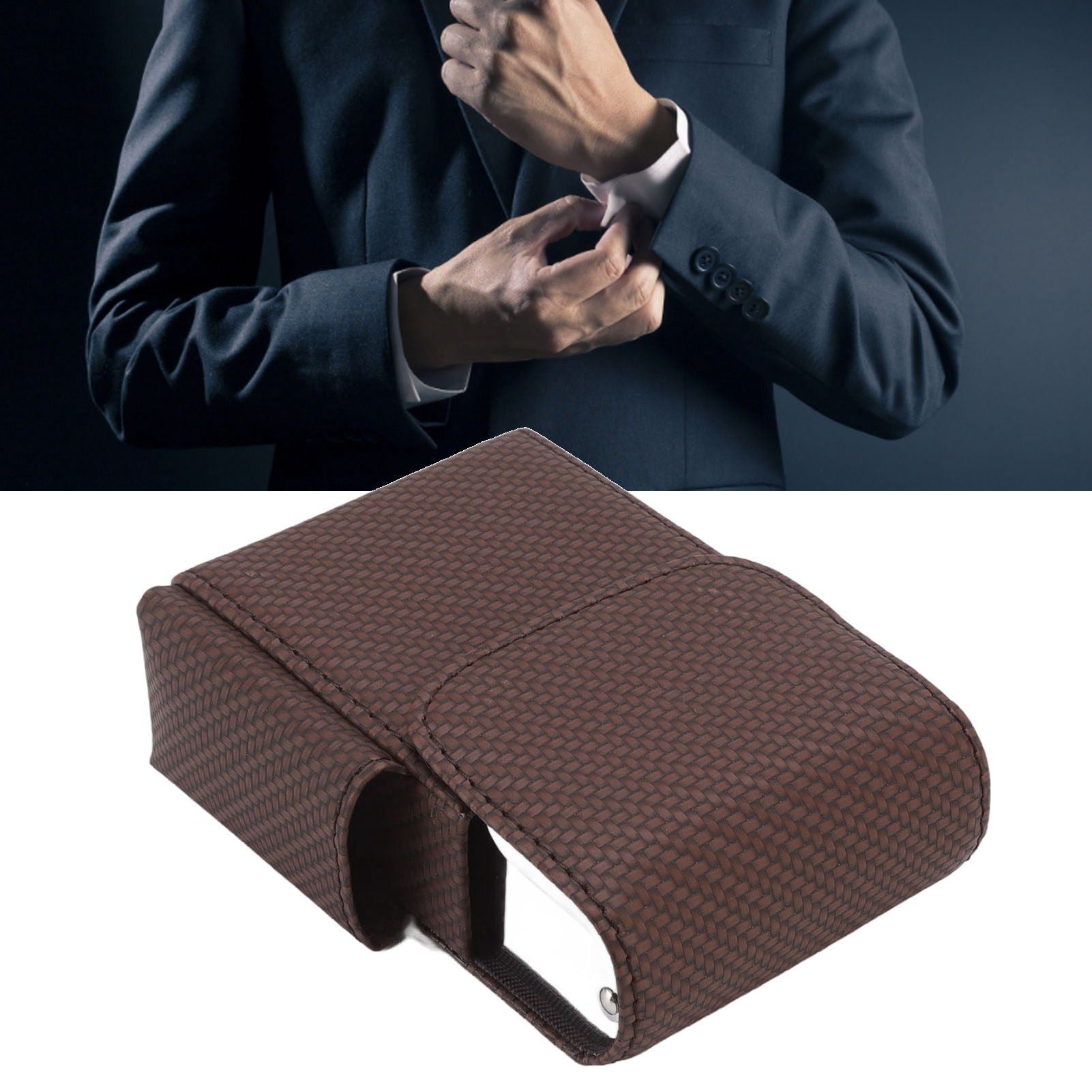 PU Leather Cigarette Box Woven Pattern Cigarette and Lighter Holder Multifunctional 20 Pieces Cigarette Case Brown