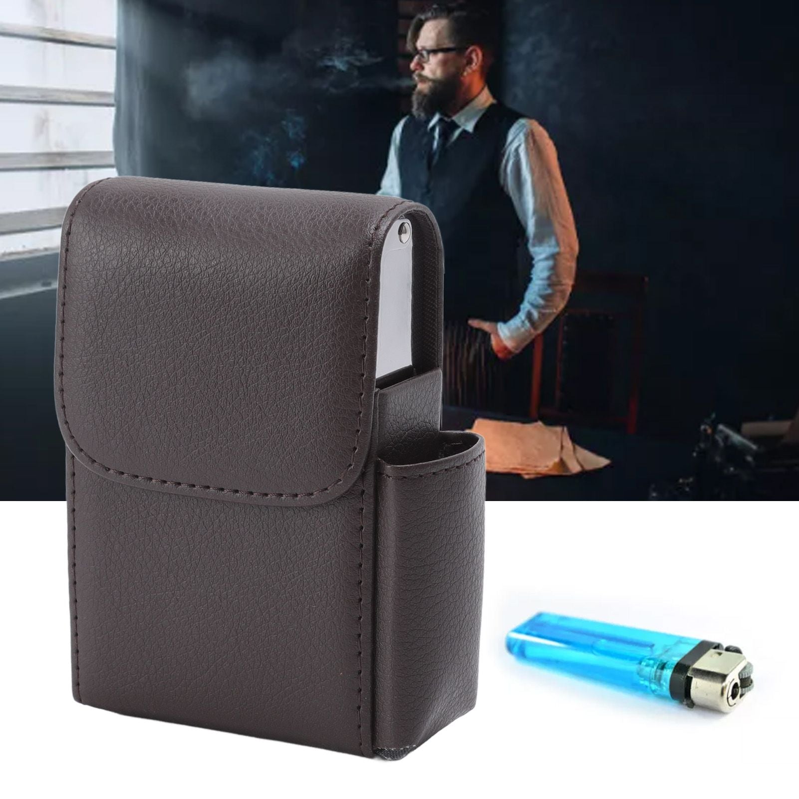 PU Leather Cigarette Box Anti Scratch Protective Storage Card Case with Lighter Holder Brown