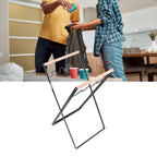 Trash Bag Holder Stand Rubber Wood Handle Iron Stand Flat Appearance Foldable Portable Garbage Bag Stand for Indoor Outdoor Use Black