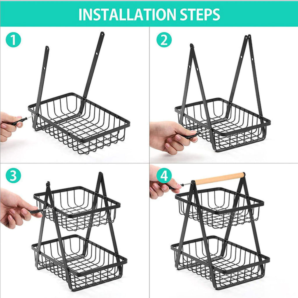 Storage Basket Iron Wood 2 Layers Detachable Fruit Vegetable Shelf Rack for Living Room Kitchen Desktop Black