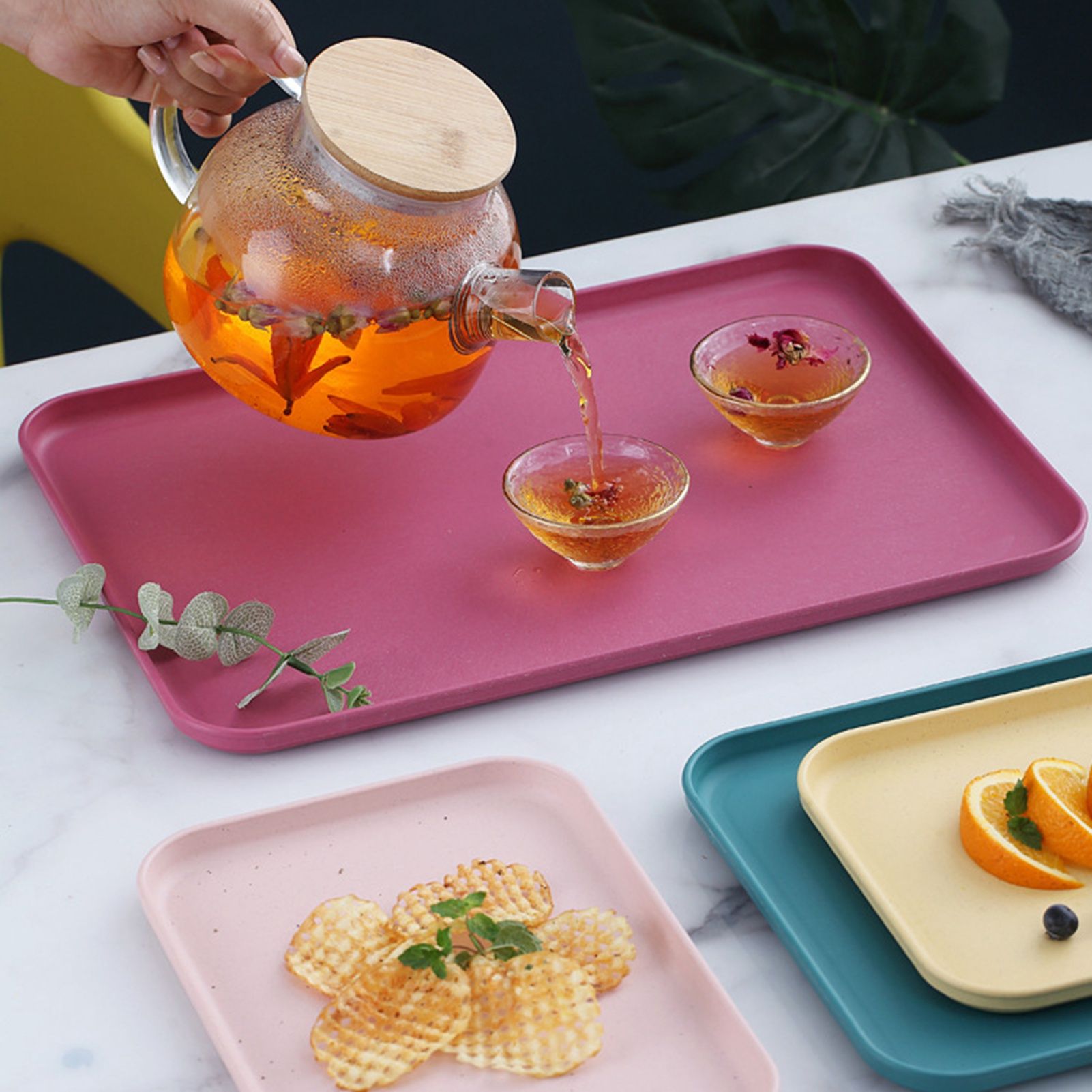 Kitchen Serving Tray Wheat Straw Rectangular Nordic Style Cupcake Fruit Snack Tea Tray for Home Office Restaurant Pink S (Approx. 25x17cm / 9.8x6.7in)