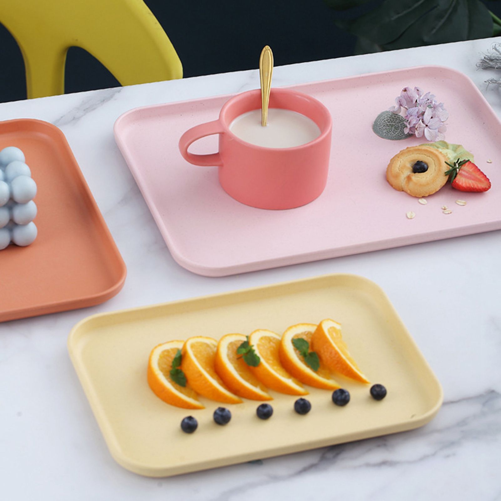 Kitchen Serving Tray Wheat Straw Rectangular Nordic Style Cupcake Fruit Snack Tea Tray for Home Office Restaurant Pink S (Approx. 25x17cm / 9.8x6.7in)
