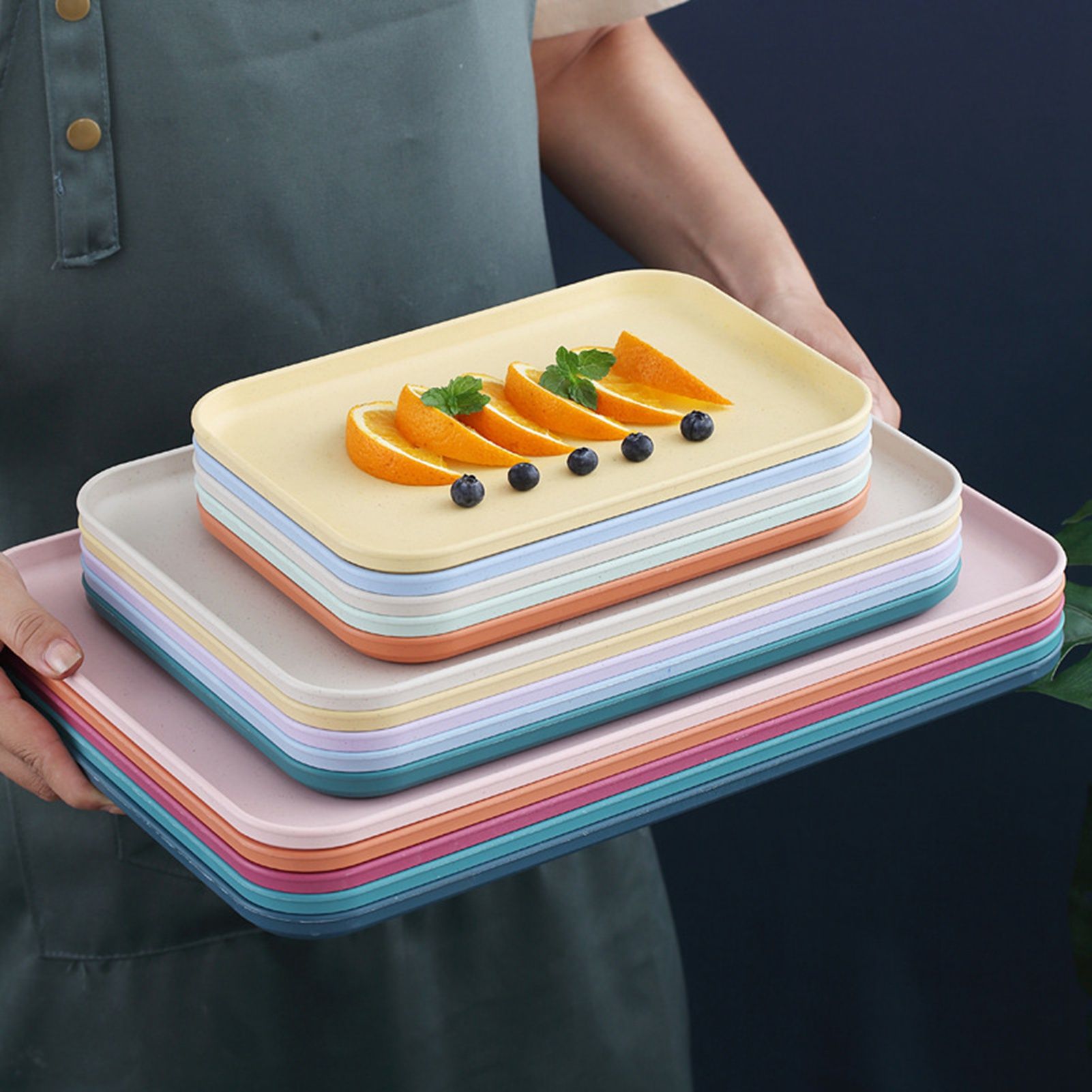 Kitchen Serving Tray Wheat Straw Rectangular Nordic Style Cupcake Fruit Snack Tea Tray for Home Office Restaurant Pink S (Approx. 25x17cm / 9.8x6.7in)