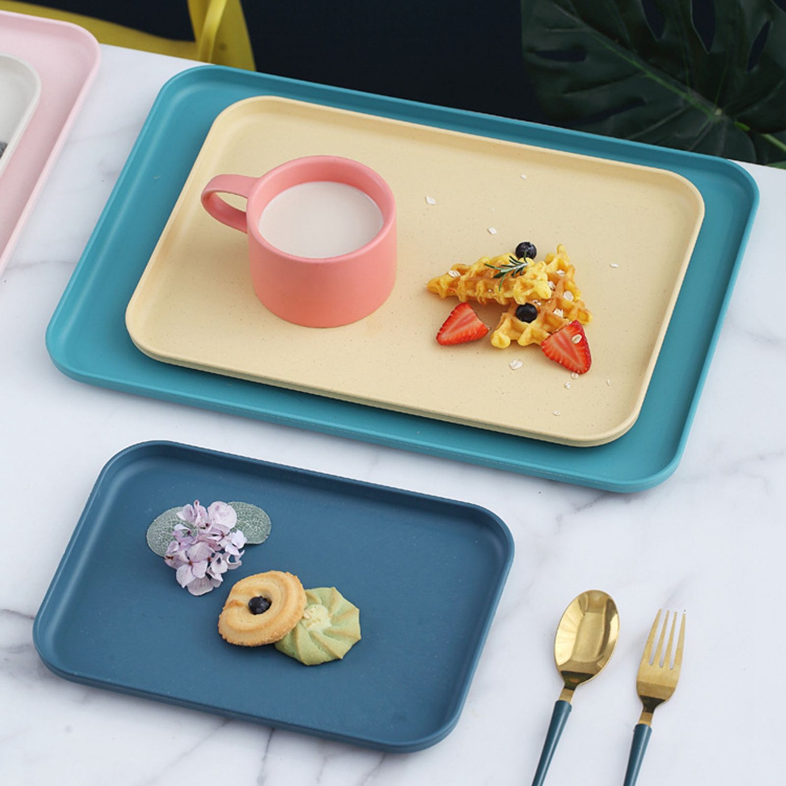 Kitchen Serving Tray Wheat Straw Rectangular Nordic Style Cupcake Fruit Snack Tea Tray for Home Office Restaurant Light Green S (Approx. 25x17cm / 9.8x6.7in)