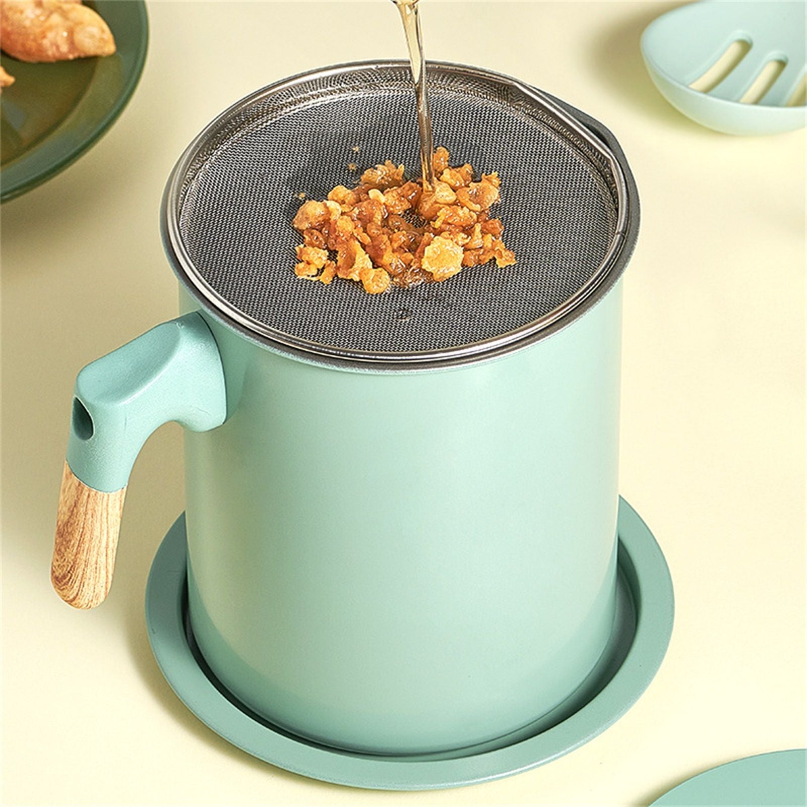 Oil Strainer Pot 1.4L Wood Grain Easy Operation No Rust Oil Storage Supplies Filter for Home Canteen Fruit Green