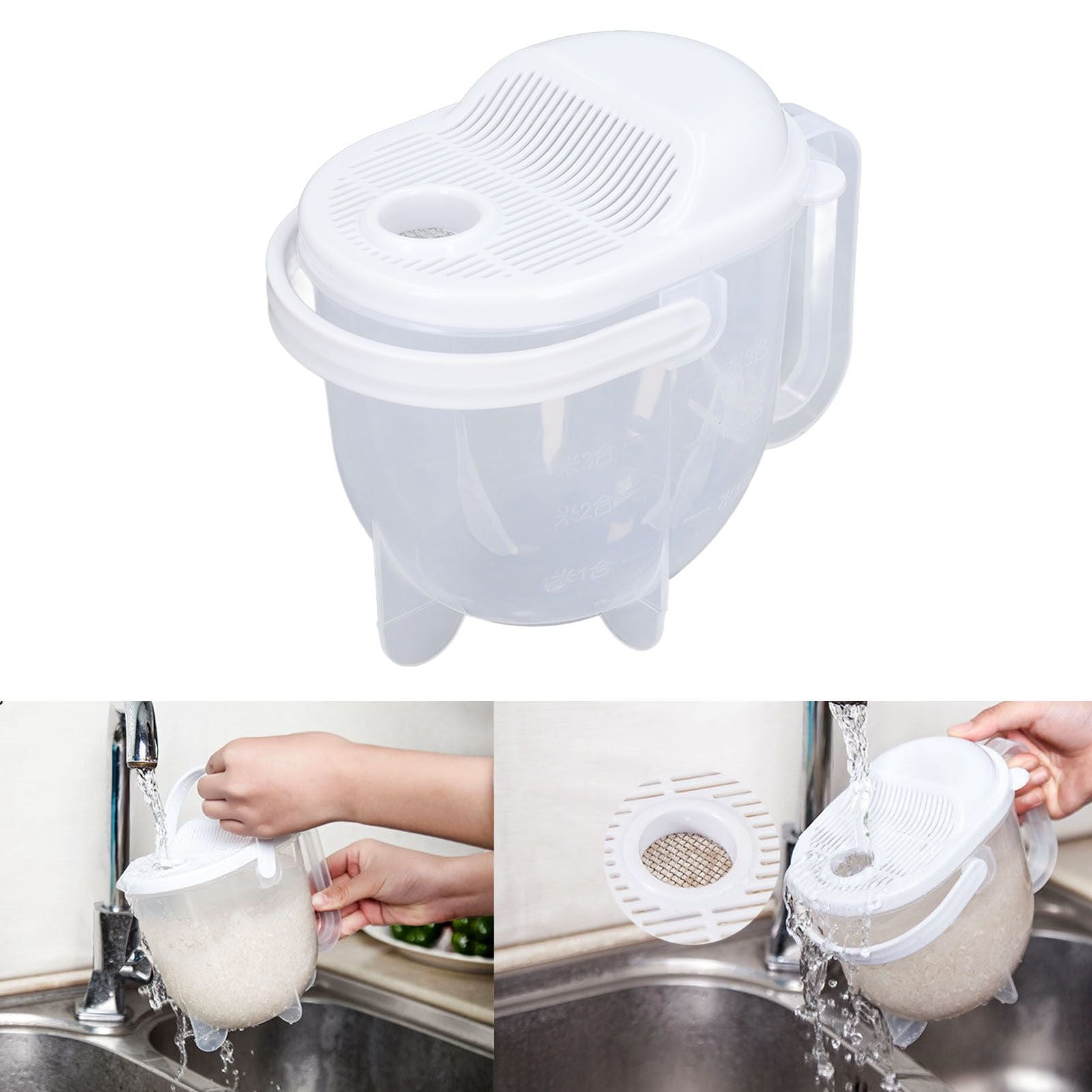 Rice Washing Bowl Water Flush Type ABS Clear Scale Fine Strainer Auxiliary Handle Rice Cleaning Basket for Kitchen