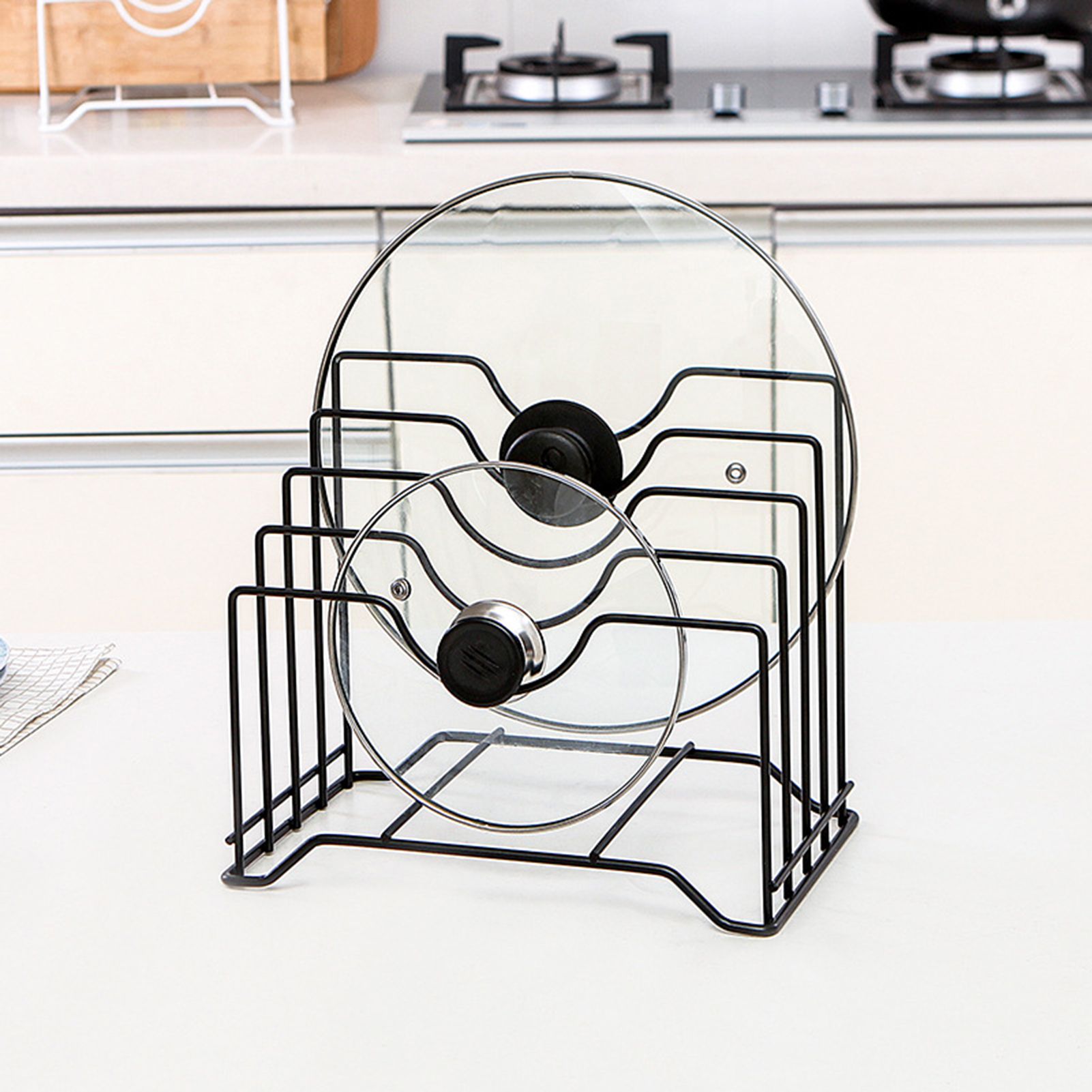 Chopping Board Storage Rack Iron 4 Slots Integrated Pot Lid Holder for Kitchen Countertop Black