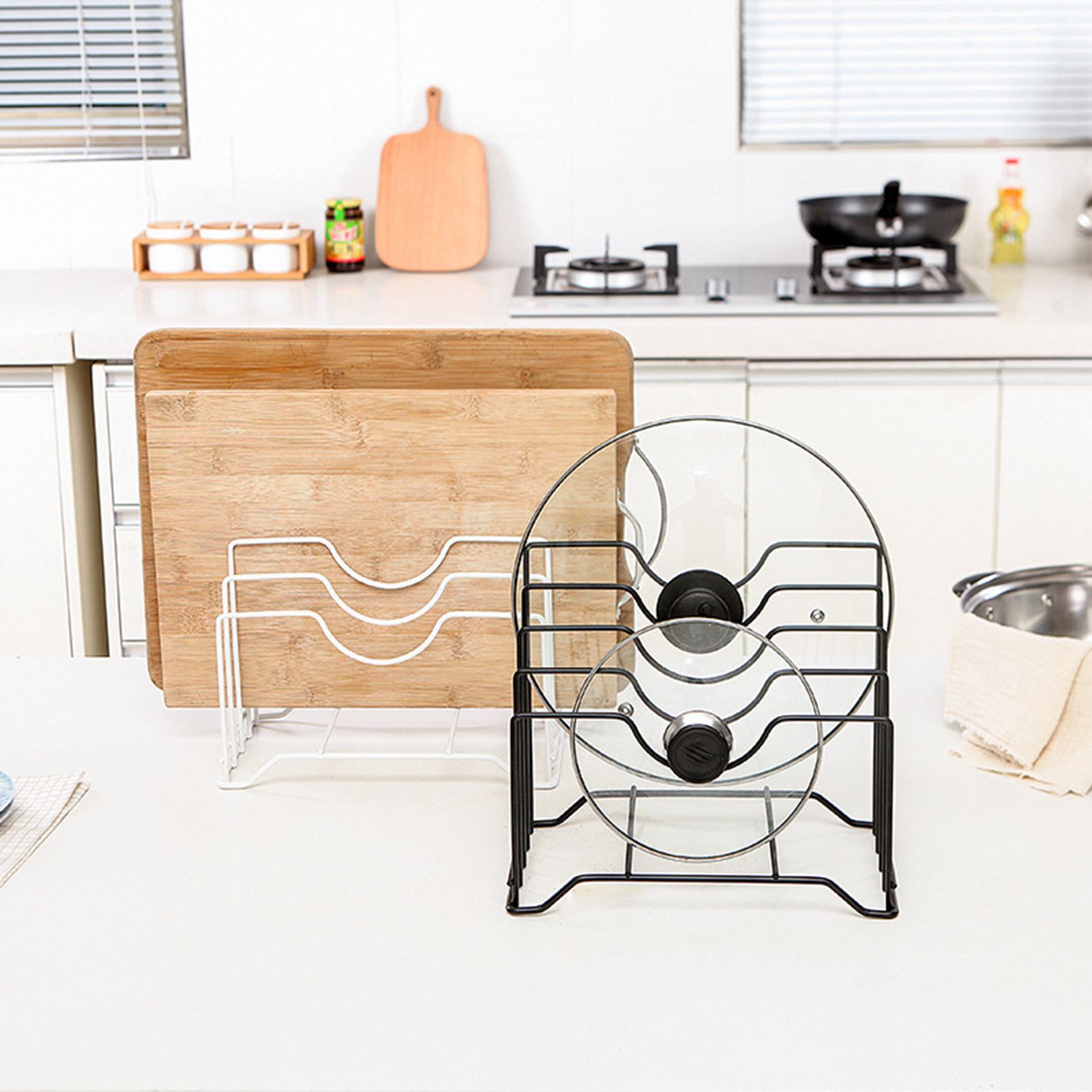 Chopping Board Storage Rack Iron 4 Slots Integrated Pot Lid Holder for Kitchen Countertop Black