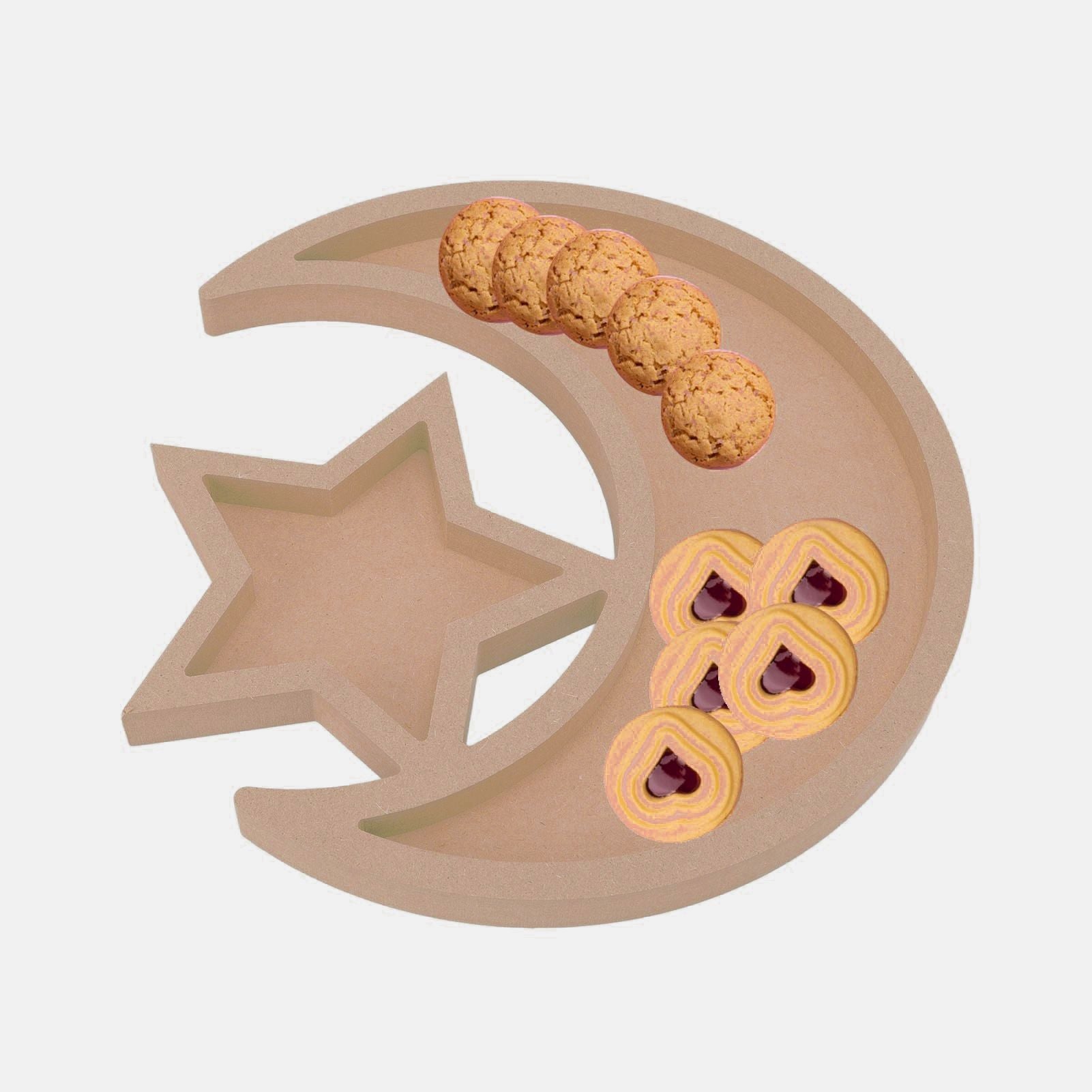 Eid Wooden Dessert Tray Cute Shape Multifunctional Ramadan Wood Moon Tray for Home Ramadan Party Garden Decor
