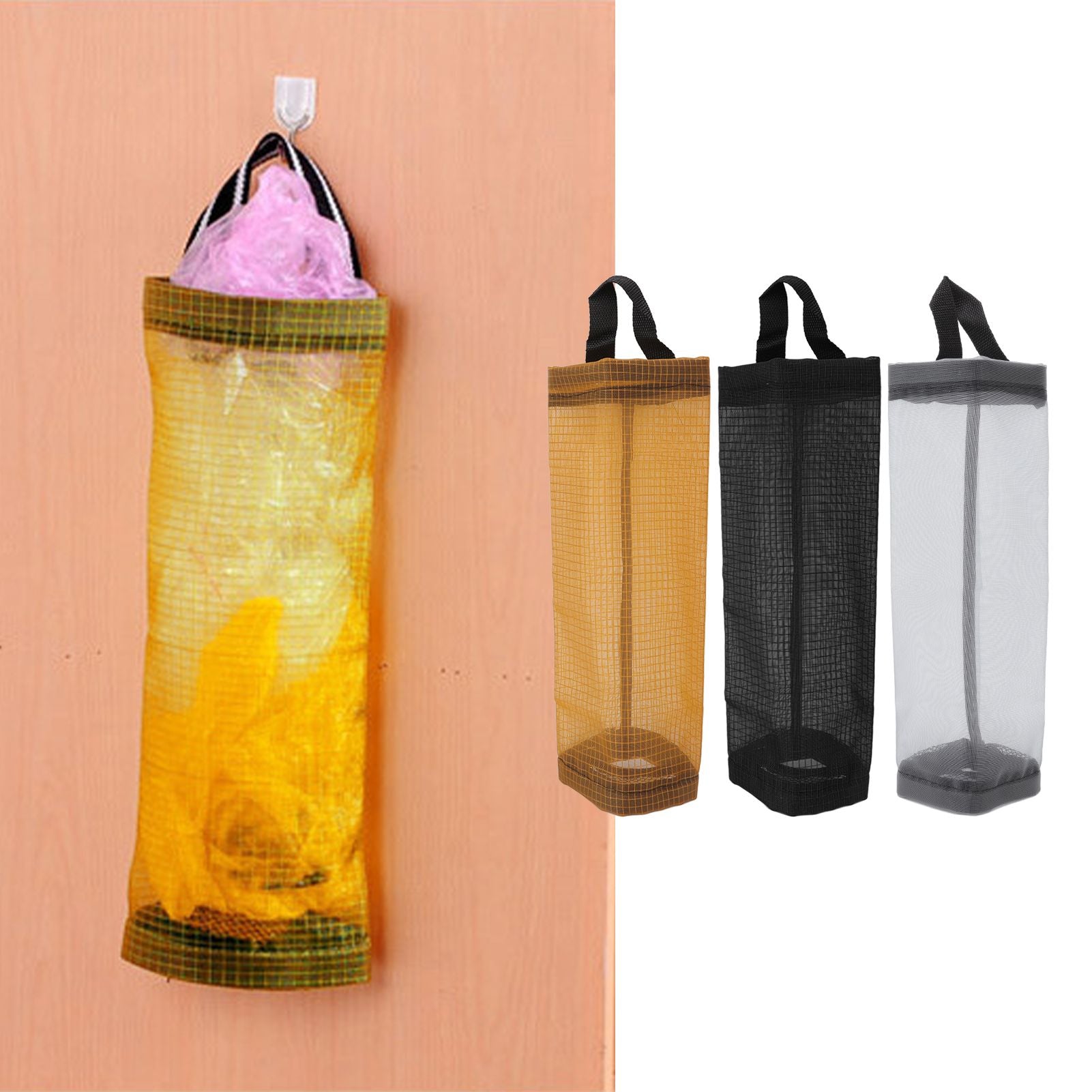 Grocery Bag Holder Large Capacity Durable Polyester Transparent Space Saving Trash Bag Holder for Home Kitchen Yellow