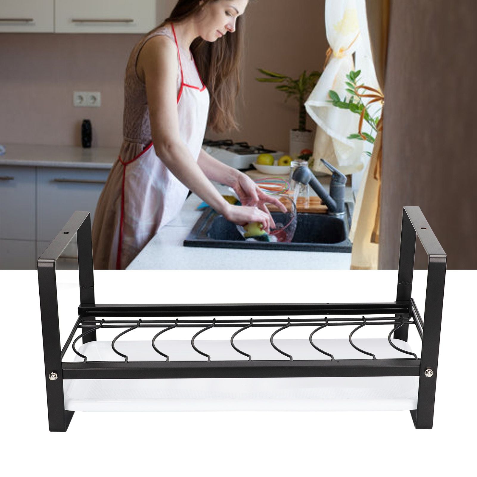 Kitchen Cabinet Storage Shelf Rack Bowls Dishes Plates Drainboard Holder Rustproof Nonslip for Counter Cupboard Pantry Black