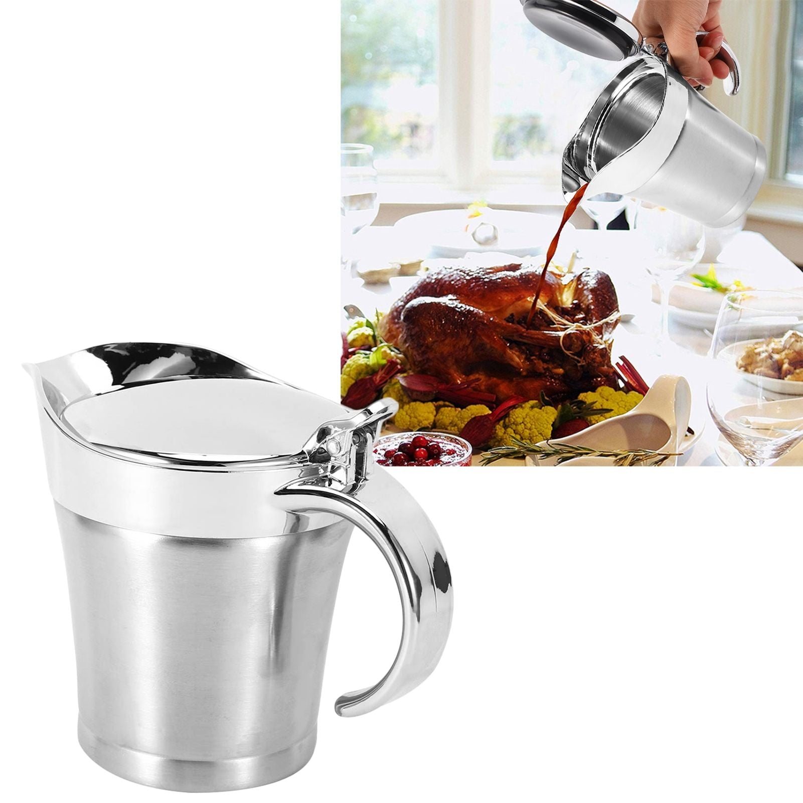 750ML Gravy Boat 304 Stainless Steel Sauce Jug Double Walled Steak Sauce Pot with Lid