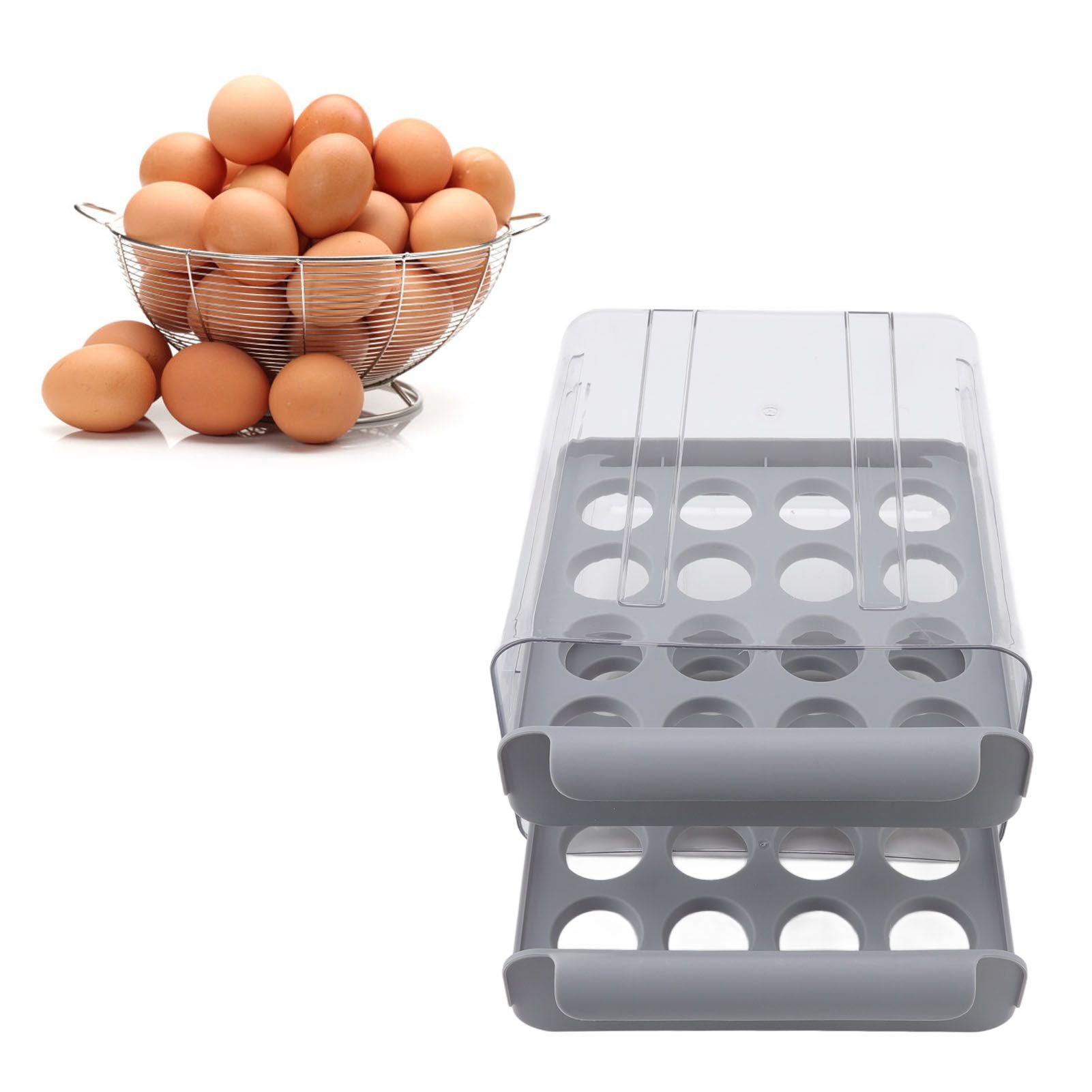 Egg Drawer Double Layer Transparent 32 Lattice Large Capacity Egg Storage Box for Refrigerator Grey