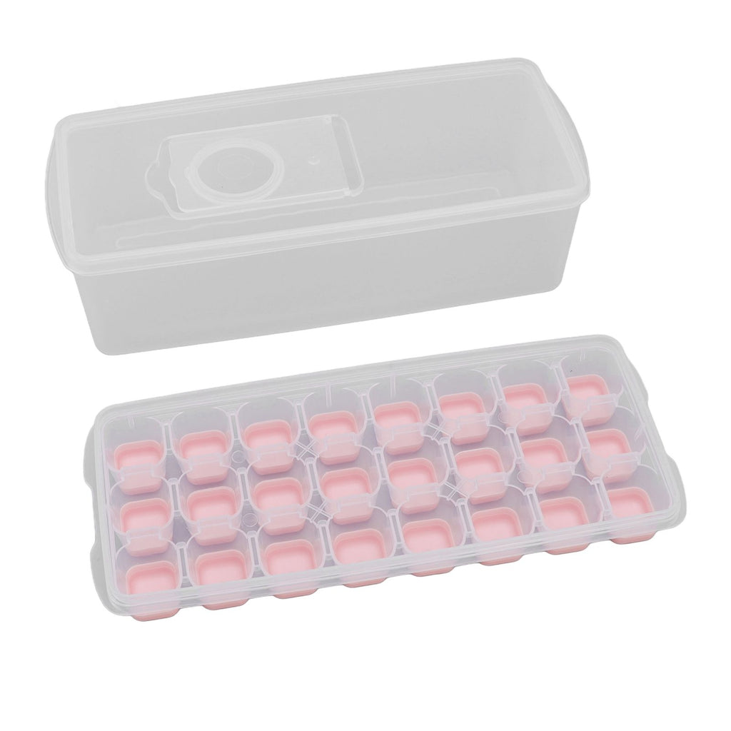 Ice Cube Tray Safe Healthy Easy Release Stackable 24 Cubes Multipurpose Ice Maker Mold with Lid for Popsicles Puddings Pink