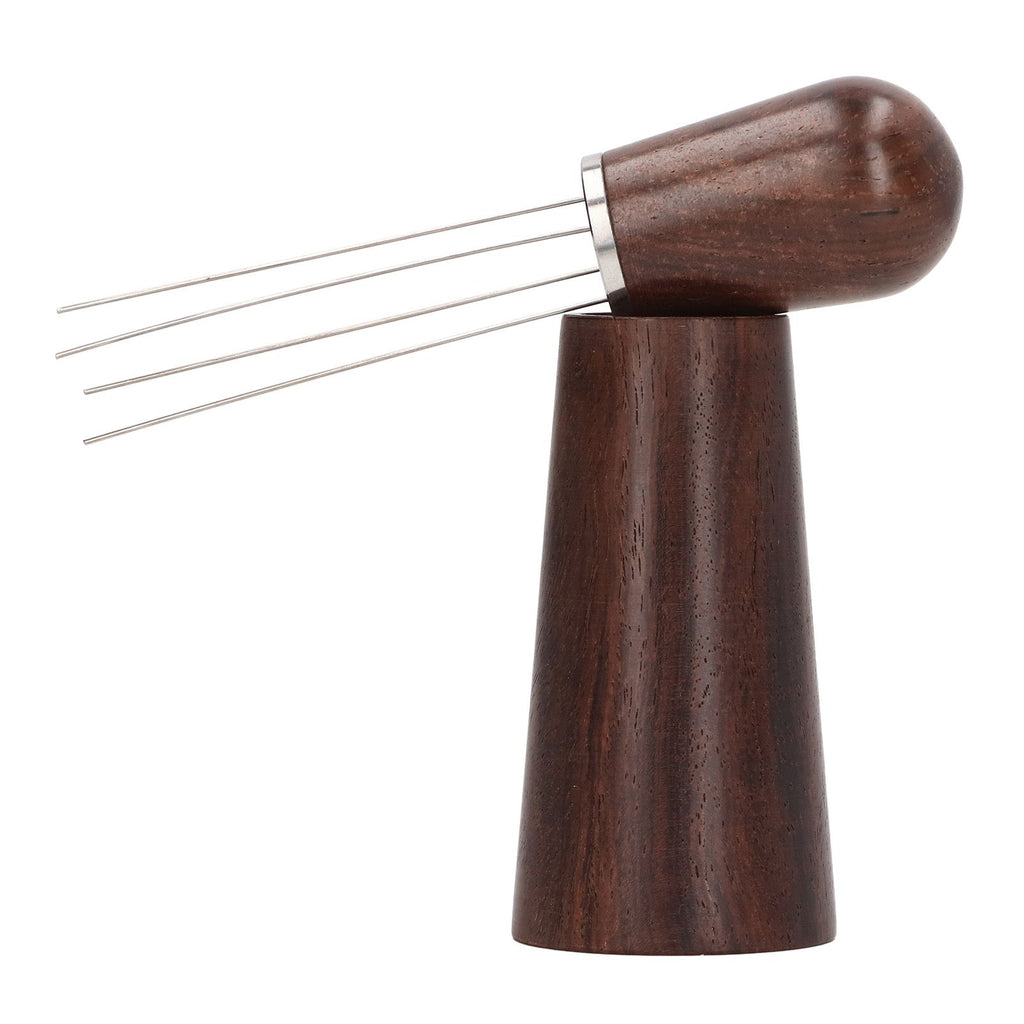 Coffee Stirring Tool 4 Arc Pins Wooden Handle Coffee Needle Type Distributor Tool with Base for Home Dark Brown