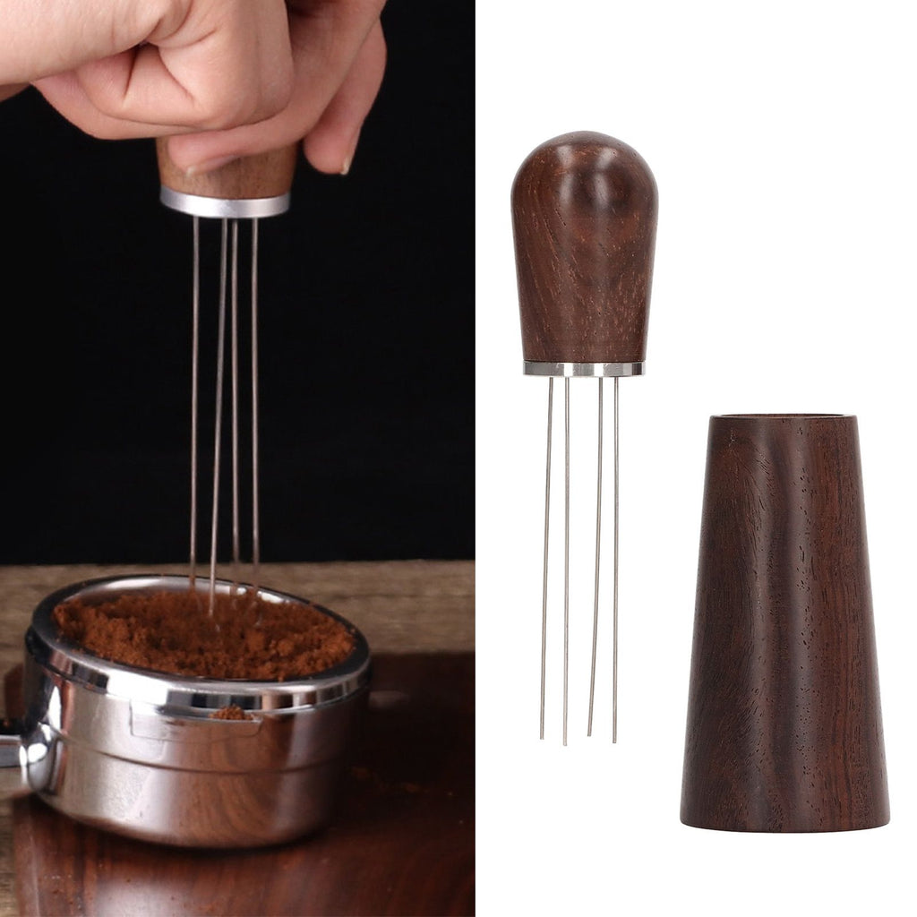Coffee Stirring Tool 4 Arc Pins Wooden Handle Coffee Needle Type Distributor Tool with Base for Home Dark Brown