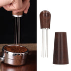 Coffee Stirring Tool 4 Arc Pins Wooden Handle Coffee Needle Type Distributor Tool with Base for Home Dark Brown