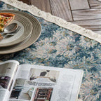 Jute Table Runner Jacquard Sunflower Pattern American Style with Tassels Table Runner Decoration for Party Blue Chrysanthemum 30x120cm/11.8x47.2in