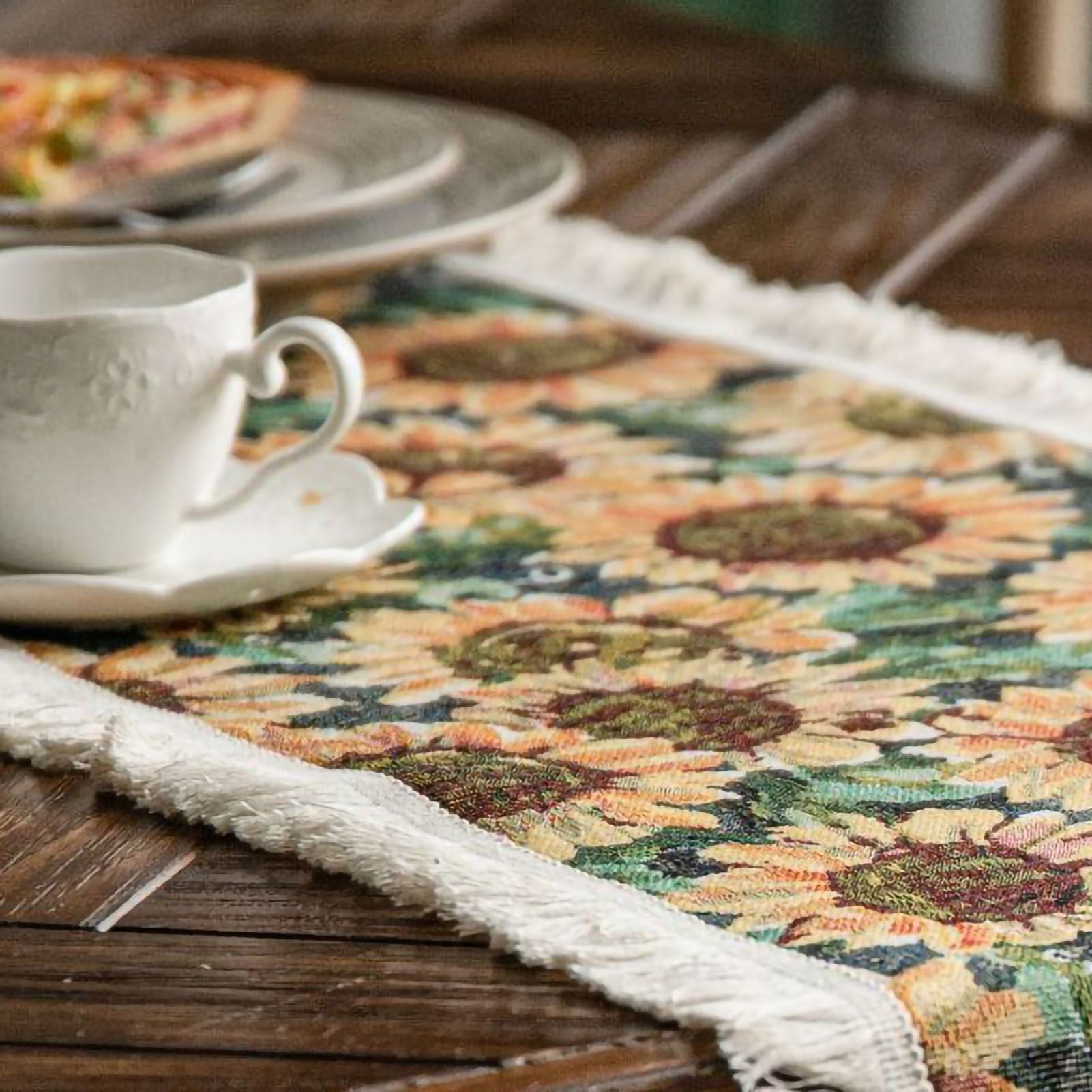 Jute Table Runner Jacquard Sunflower Pattern American Style with Tassels Table Runner Decoration for Party Yellow Sunflower 30x120cm/11.8x47.2in