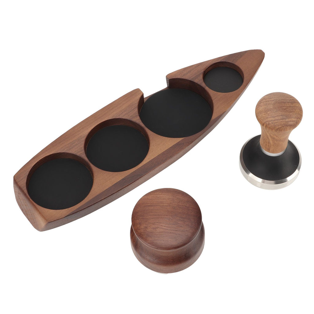 3pcs Coffee Tamper Holder Walnut Wood Rubber Stainless Steel Boat Shaped Distributor Rack Coffee Accessories For 51/53mm Base 51mm Tamper 51mm Distributor