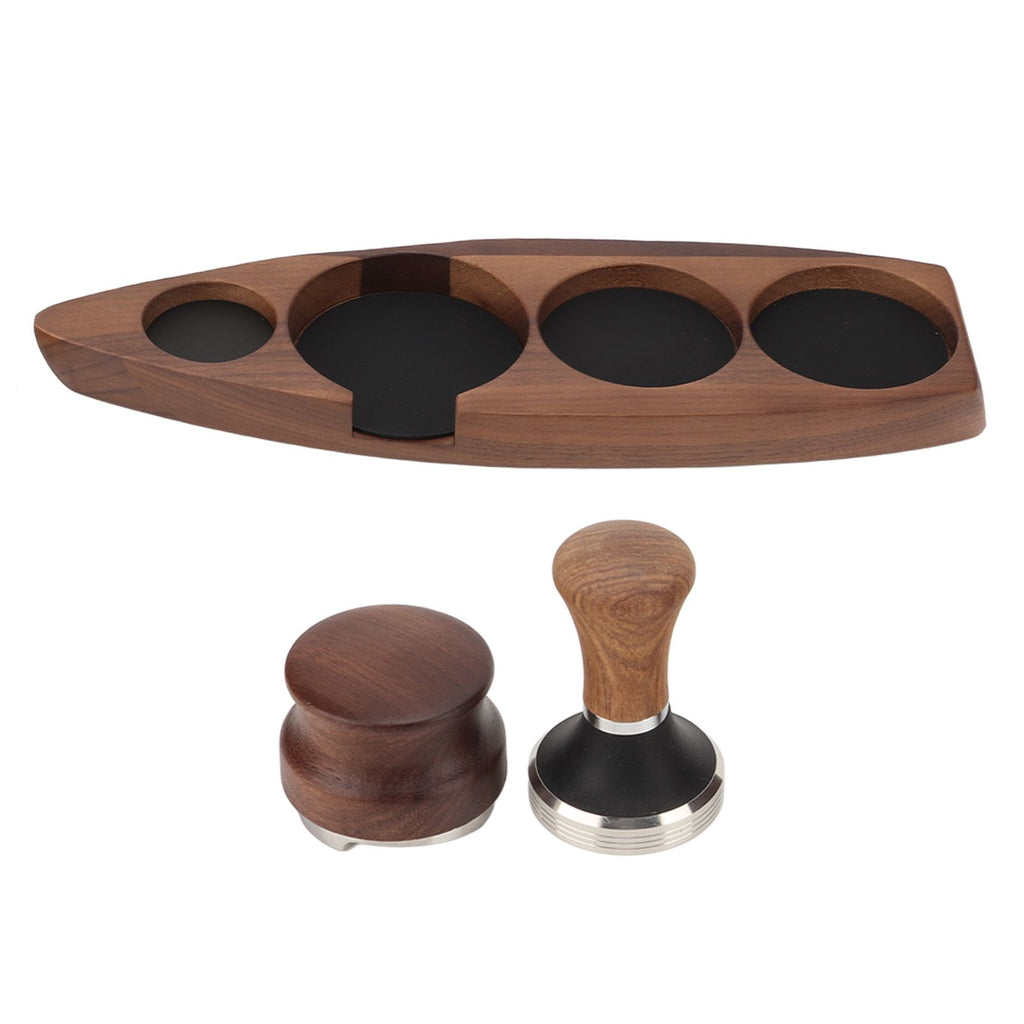 3pcs Coffee Tamper Holder Walnut Wood Rubber Stainless Steel Boat Shaped Distributor Rack Coffee Accessories For 51/53mm Base 51mm Tamper 51mm Distributor