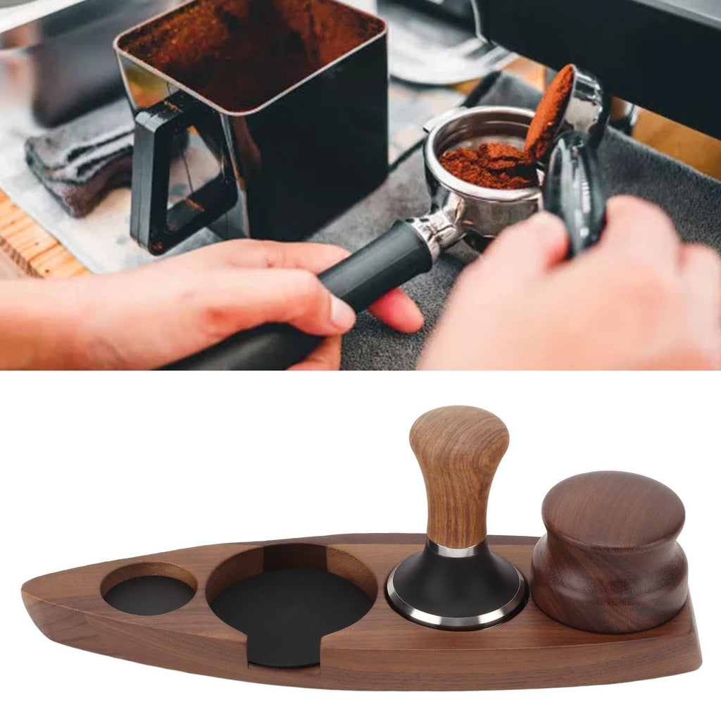3pcs Coffee Tamper Holder Walnut Wood Rubber Stainless Steel Boat Shaped Distributor Rack Coffee Accessories For 51/53mm Base 51mm Tamper 51mm Distributor