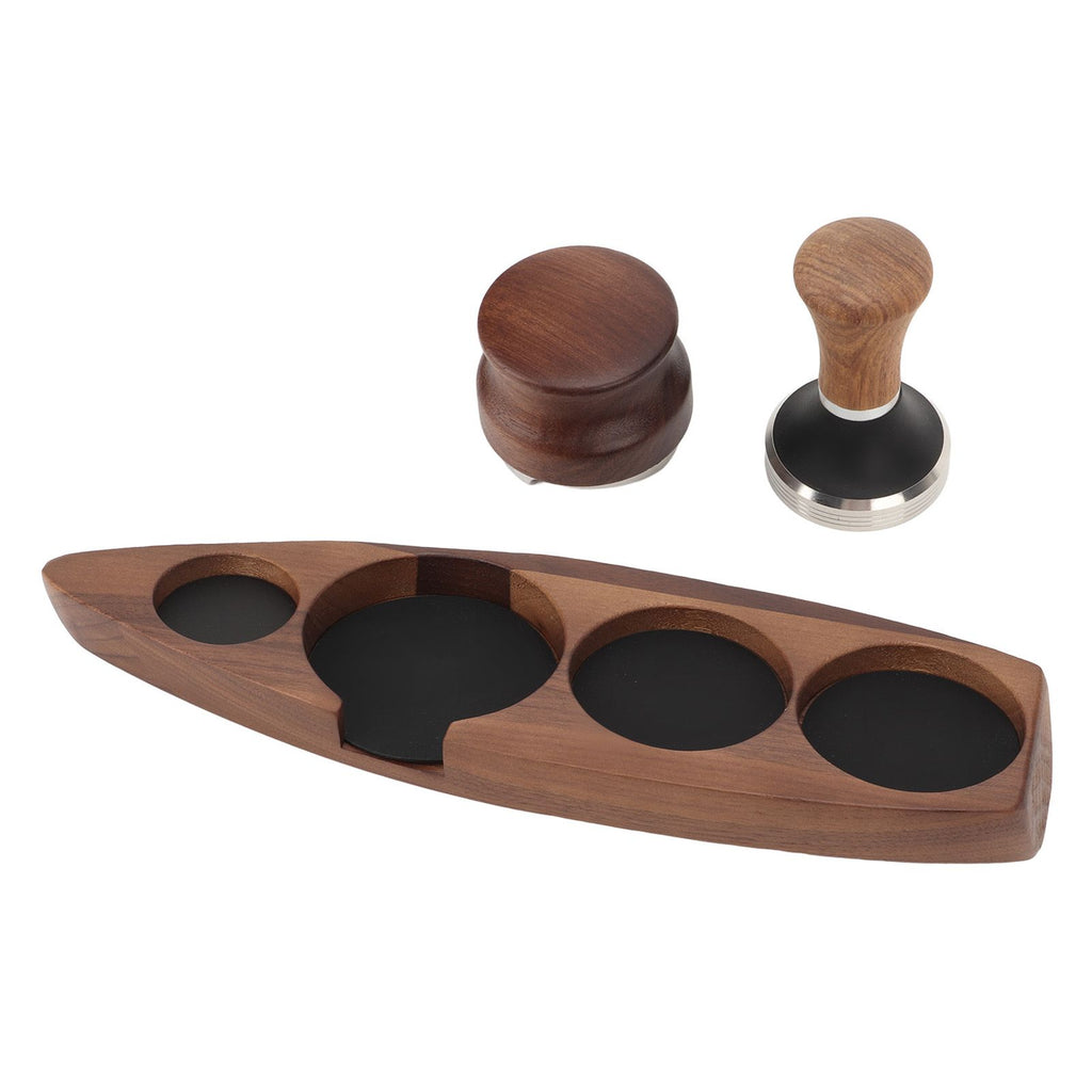 3pcs Coffee Tamper Holder Walnut Wood Rubber Stainless Steel Boat Shaped Distributor Rack Coffee Accessories For 51/53mm Base 53mm Tamper 53mm Distributor