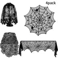 4PCS Halloween Tablecloth Bat Spider Webst Lace Cloth and Lamps Cover Halloween Decoration