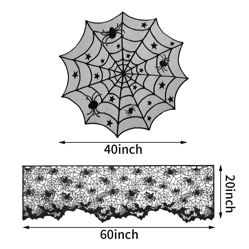 4PCS Halloween Tablecloth Bat Spider Webst Lace Cloth and Lamps Cover Halloween Decoration