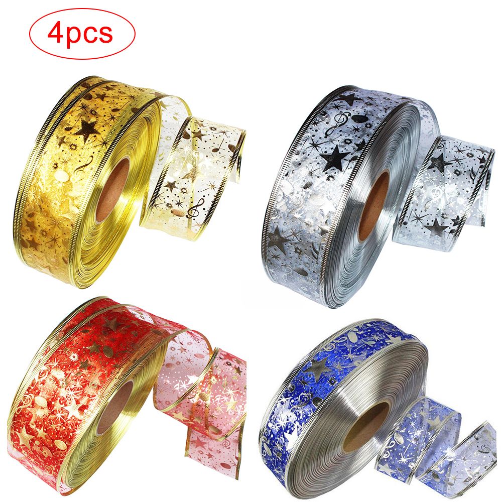 4 Rolls 2m Organza Ribbon Bling Star Printed Ribbons for Wedding Gift Package Christmas Decoration