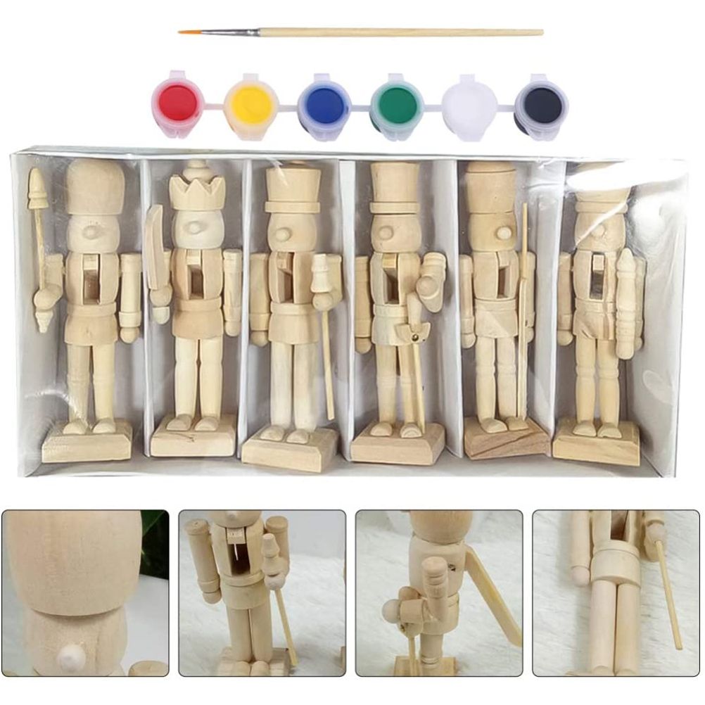 6pcs 12cm Christmas Nutcracker Ornament Set Wooden Nutcracker Character Soldier Toy Wooden Doll Figurine Painting Toy