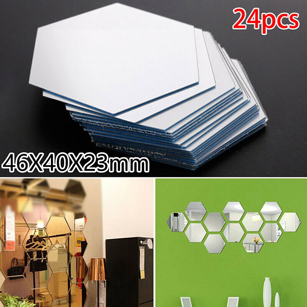 24Pcs Hexagon Mirror Sticker Self Adhesive Mosaic Tiles Bathroom Decorative Mirror Stickers