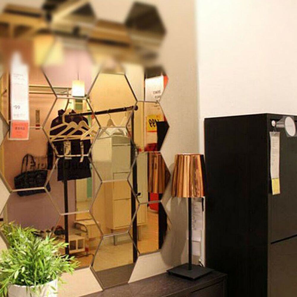 24Pcs Hexagon Mirror Sticker Self Adhesive Mosaic Tiles Bathroom Decorative Mirror Stickers