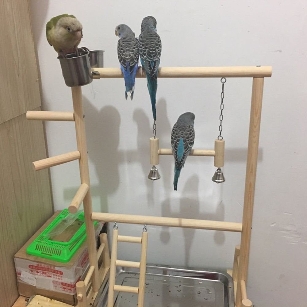 Double Layer Wooden Bird Stand Including Ladder Swing Bell Bird Athletic Toy Stand