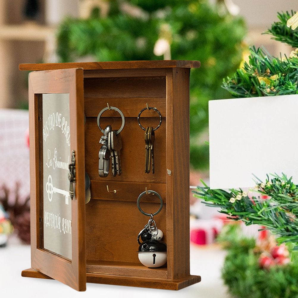 Key Organizer Wooden Key Cabinet Wall Box Beautiful Durable Retro Acrylic Door Key Storage Box
