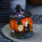 Halloween Witch Pumpkin House Figurine Luminous Resin Pumpkin Statue Crafts Desktop Ornament Halloween Party Decorations Gifts