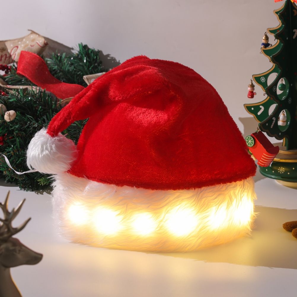 LED Christmas Hat Light Up Plush Santa Hat Christmas Costume Props Holiday Party Supplies