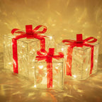 Set of 3 Christmas Lighted Gift Boxes Decorations Transparent Lighted Boxes with Red Bows Christmas Tree Skirt Ornament Xmas Tree Party Holiday Decor