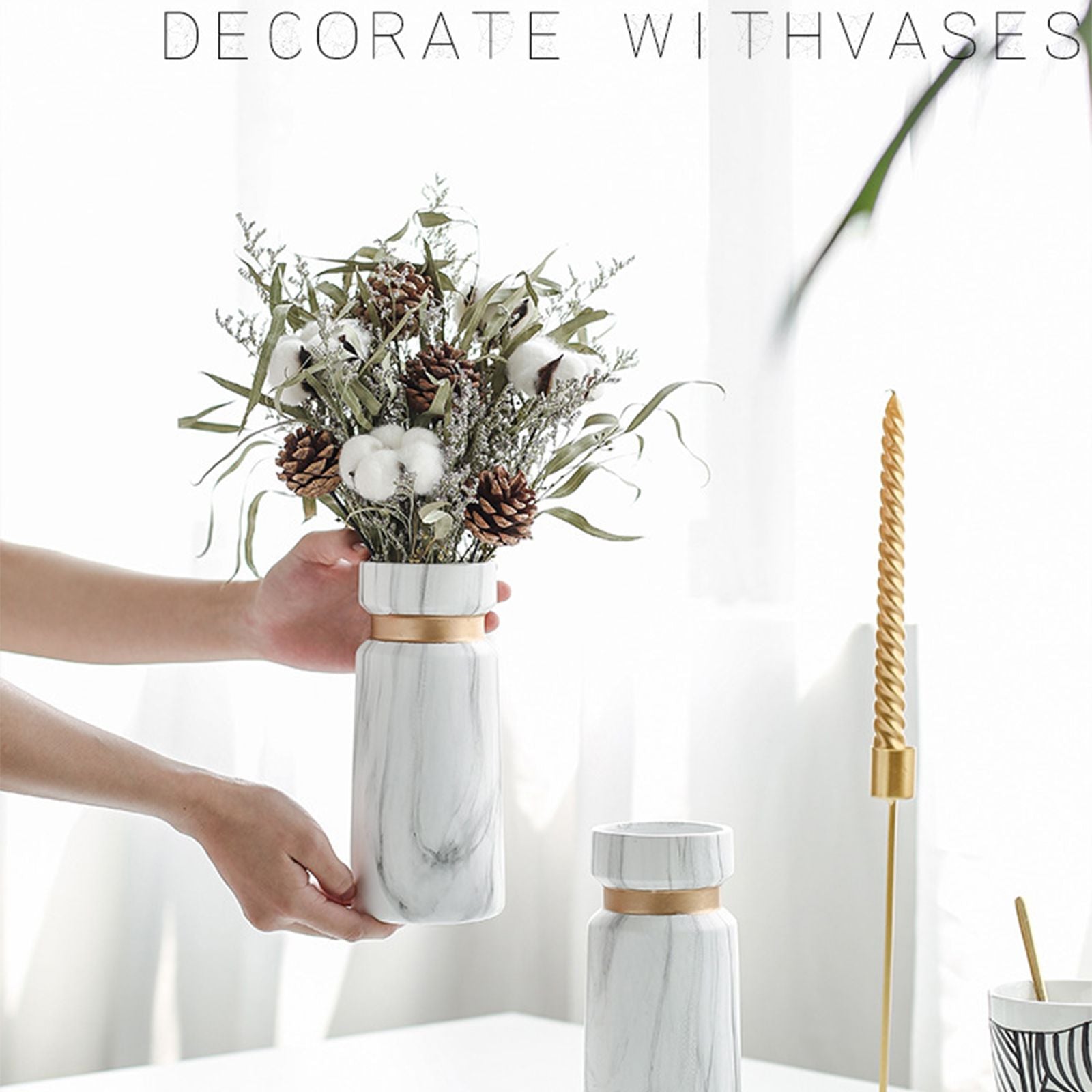 White Ceramics Vase Water Transfer Printed Marble Flower Vase for Bedroom Living Room Cafe Restaurant Office